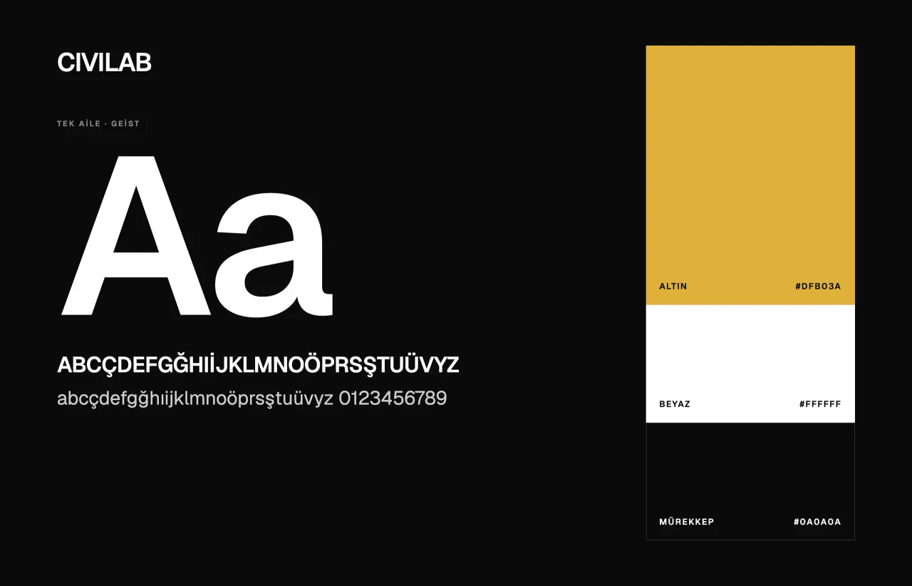 The Geist typeface with the gold, white and ink colours