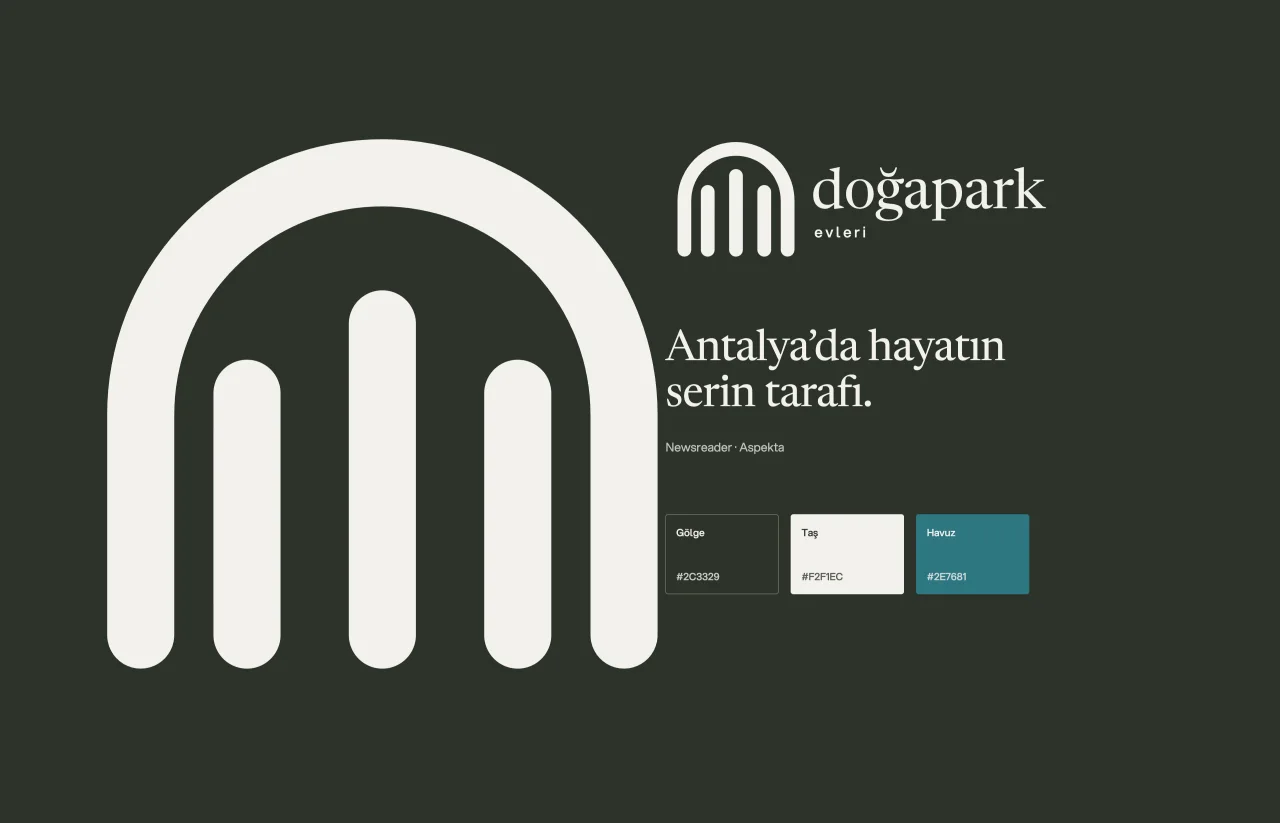 Doğapark kimliği: üç gölge çıtalı kemer simgesi, logo, “Antalya’da hayatın serin tarafı.” ve gölge, taş, havuz renkleri