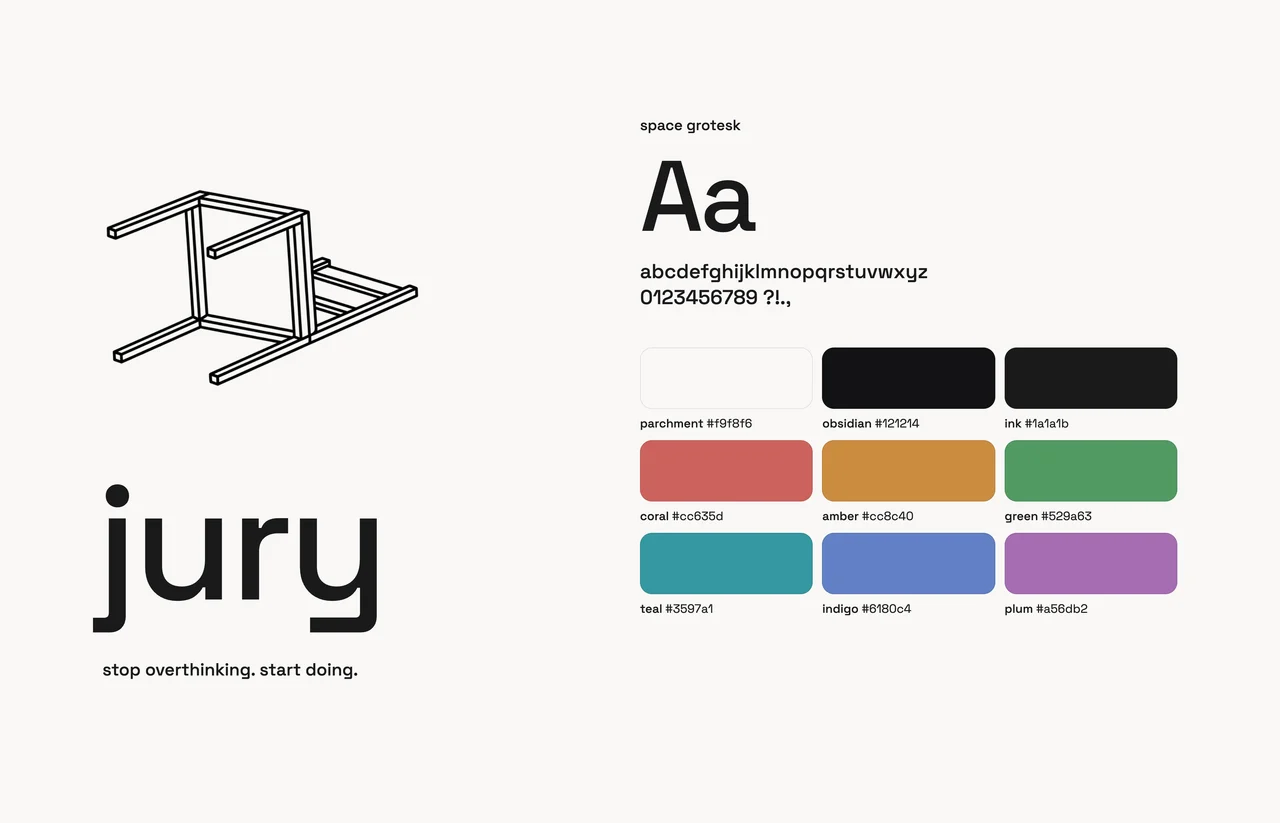 The fallen-chair icon, the lowercase jury wordmark, Space Grotesk and the app’s colours
